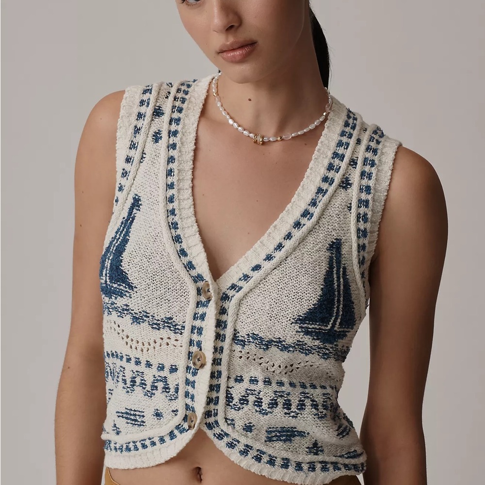 Pilcro V-Neck Sailboat Motif Cardigan Sweater Vest XS anthropology